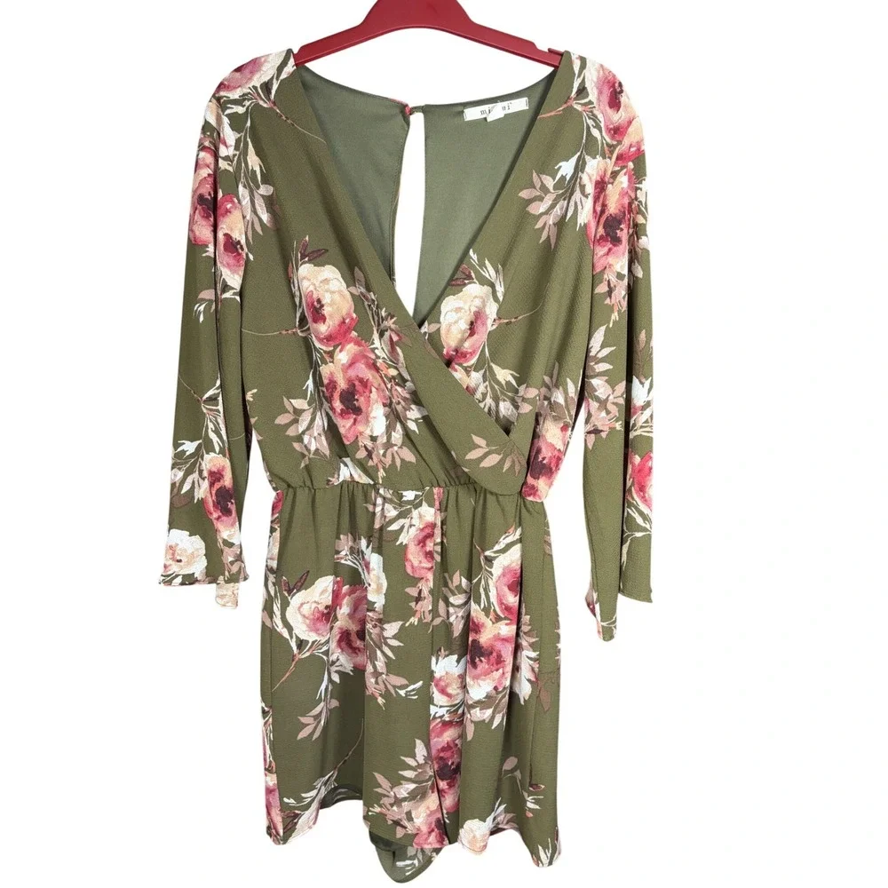 Miami Olive Green Floral Long Bell Sleeve Surplice Romper Womens Large - Picture 1 of 9